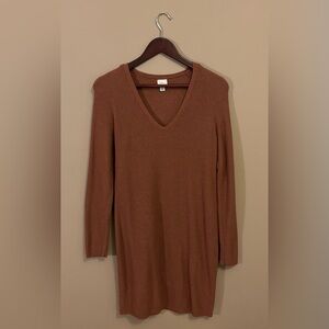 Women's V-Neck Sweater Dress in Warm Brown
